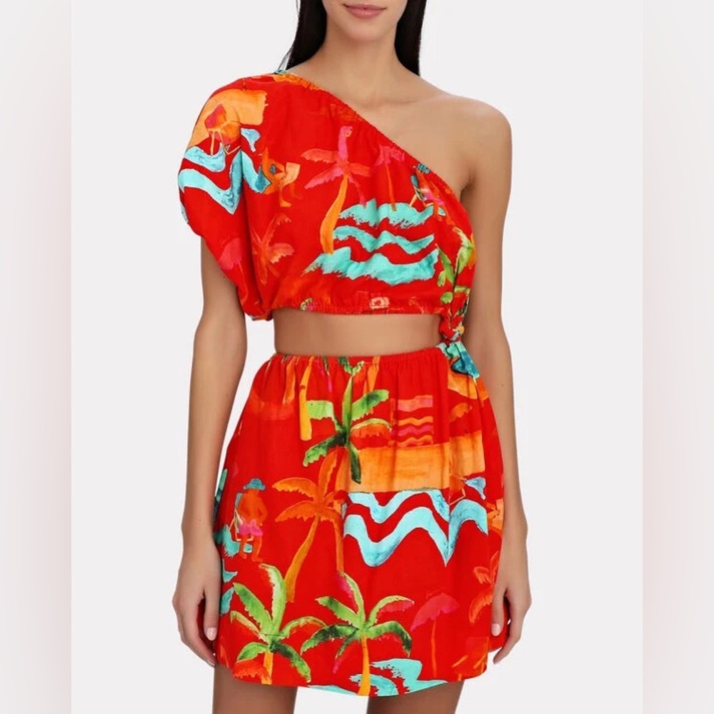 FARM Rio Red One-Shoulder Tropical Mini Dress with Turquoise and Green Print
